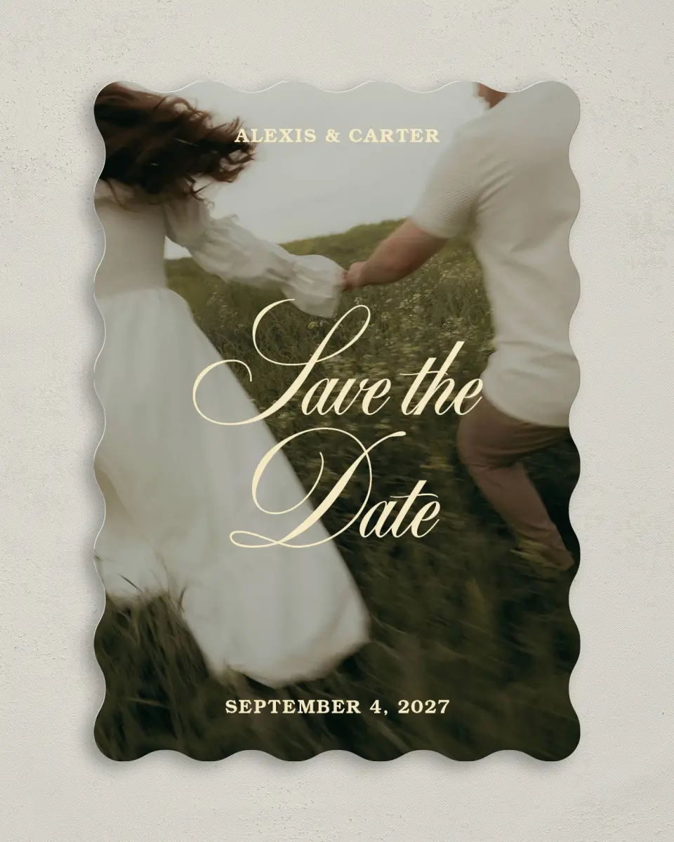 This is a 5" x 7" Save the Date Card called Our Happily Ever printed in full color on Premium Smooth paper