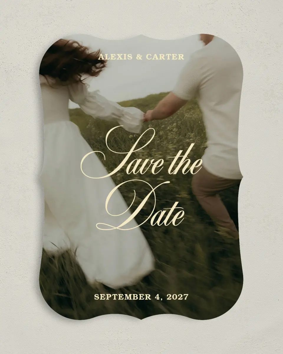 This is a 5" x 7" Save the Date Card called Our Happily Ever printed in full color on Premium Smooth paper