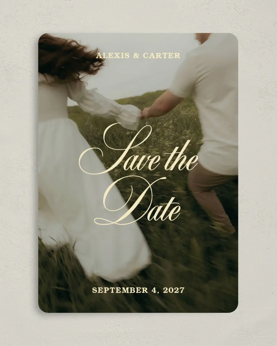 This is a 5" x 7" Save the Date Card called Our Happily Ever printed in full color on Premium Smooth paper