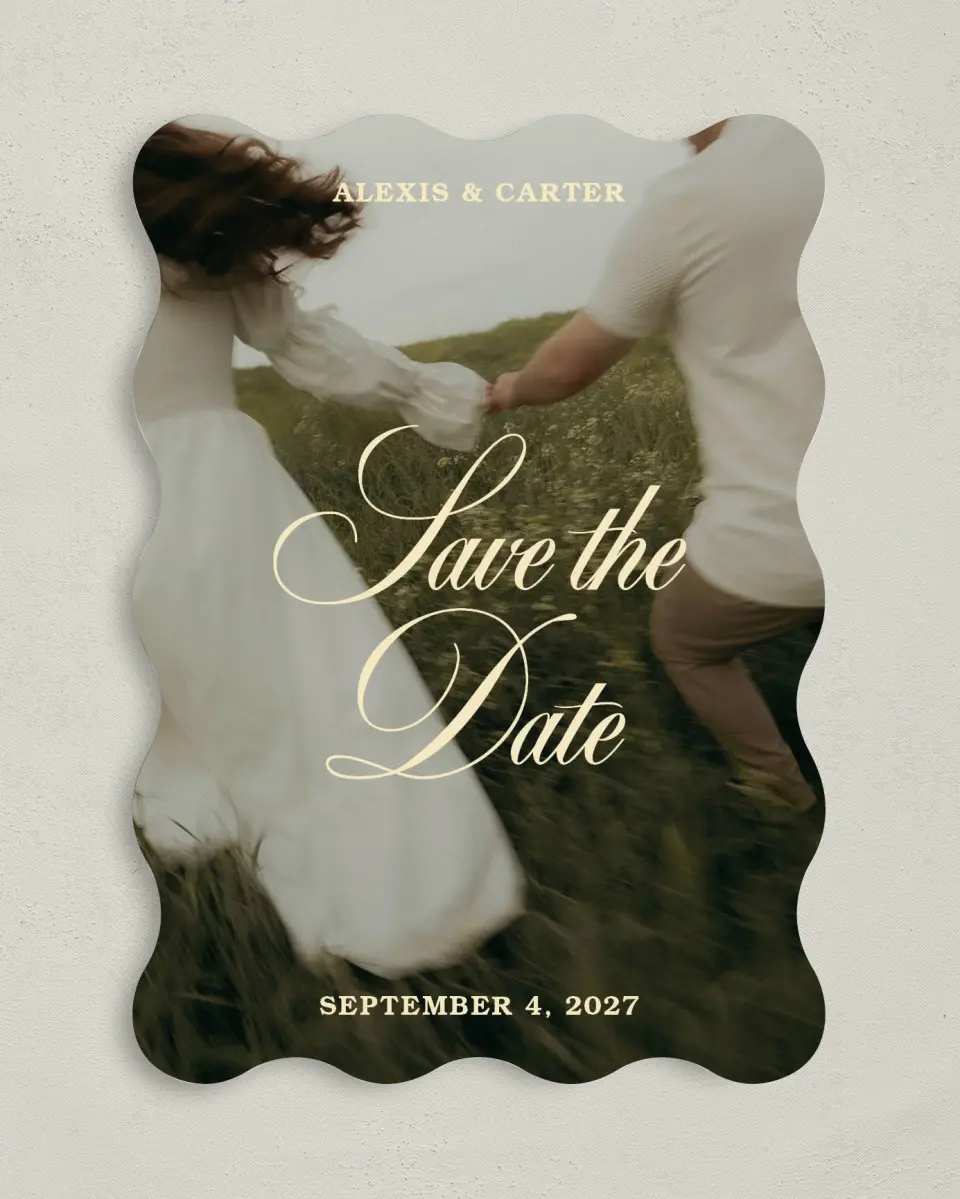 This is a 5" x 7" Save the Date Card called Our Happily Ever printed in full color on Premium Smooth paper
