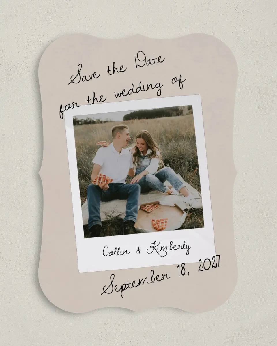 This is a 5" x 7" Save the Date Card called Love Note printed in full color with Silver foil on Luxe Satin (coated) paper