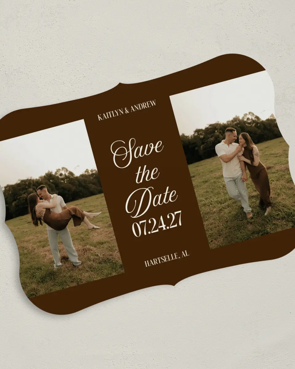 This is a 5" x 7" Save the Date Card called Forevermore printed in full color on Premium Smooth paper
