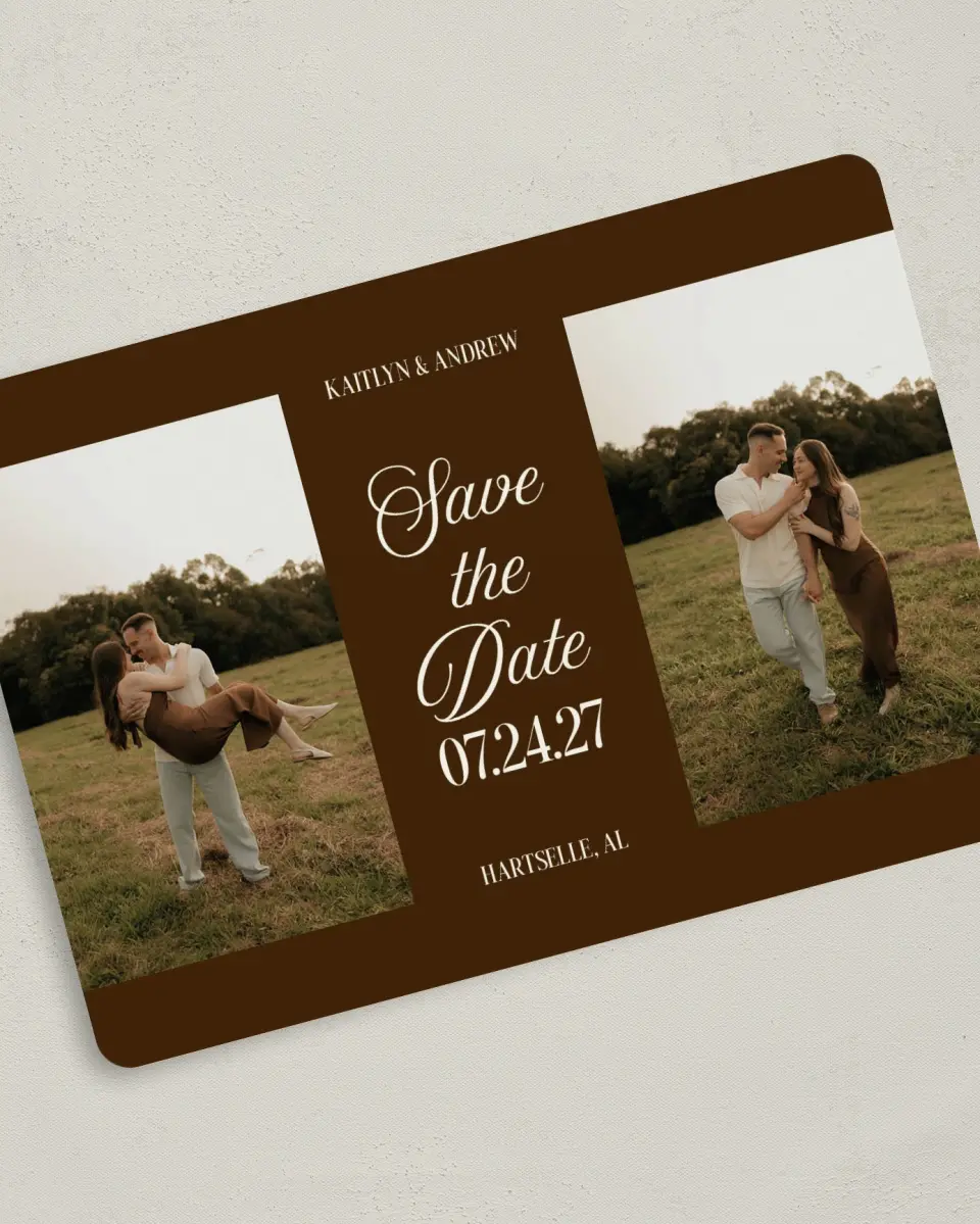 This is a 5" x 7" Save the Date Card called Forevermore printed in full color on Premium Smooth paper