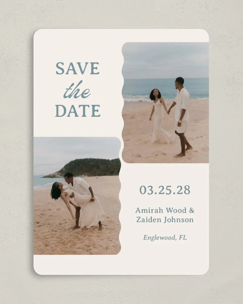 This is a 5" x 7" Save the Date Card called Modern Muse printed in full color on Premium Smooth paper
