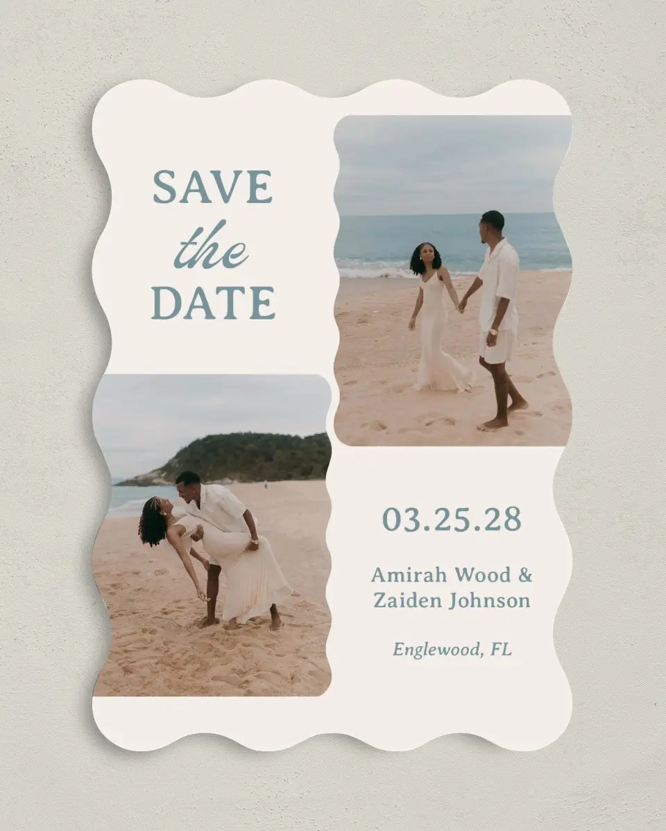 This is a 5" x 7" Save the Date Card called Modern Muse printed in full color on Premium Smooth paper
