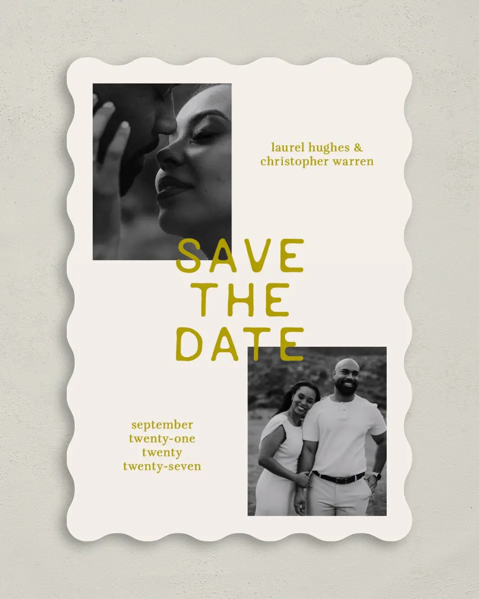 This is a 5" x 7" Save the Date Card called Bright Love printed in full color on Premium Smooth paper
