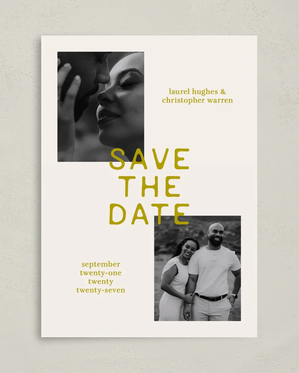 This is a 5" x 7" Save the Date Card called Bright Love printed in full color on Premium Smooth paper