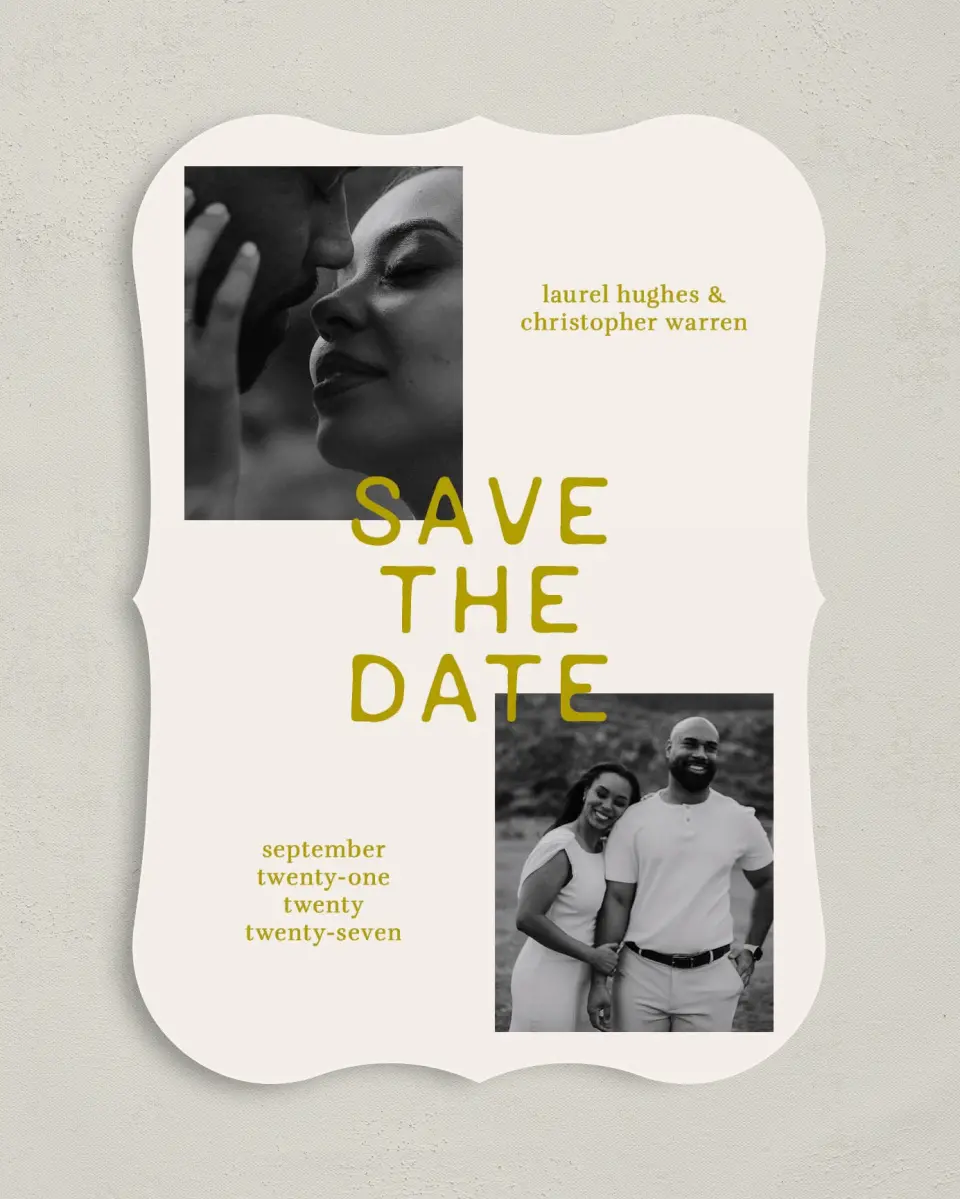 This is a 5" x 7" Save the Date Card called Bright Love printed in full color on Premium Smooth paper