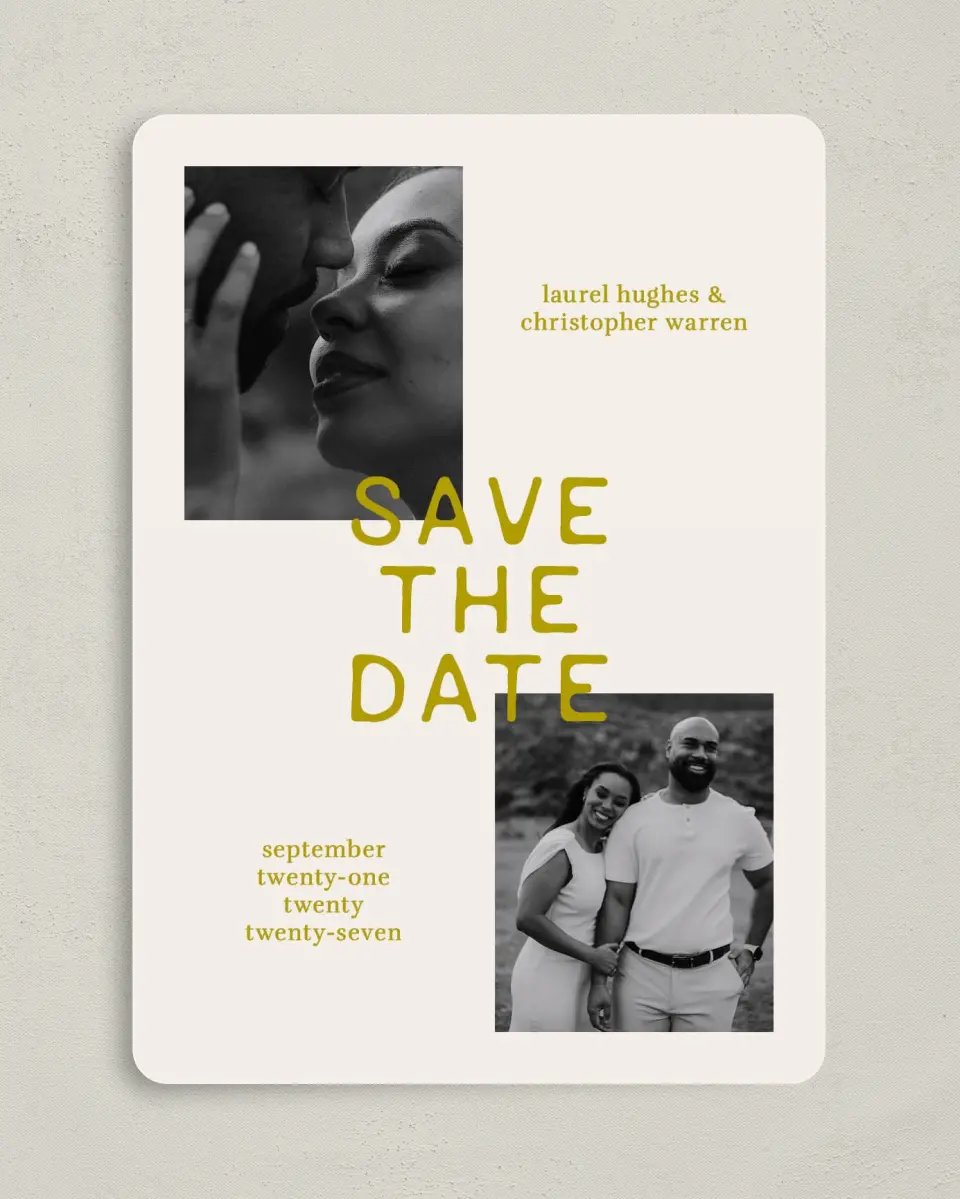 This is a 5" x 7" Save the Date Card called Bright Love printed in full color on Premium Smooth paper