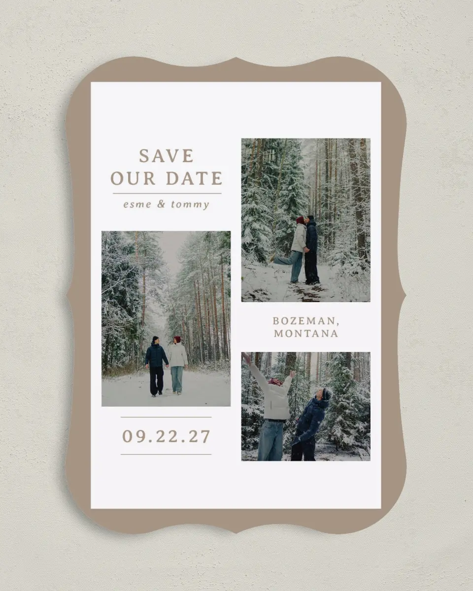 This is a 5" x 7" Save the Date Card called Love in the Snow printed in full color on Premium Smooth paper