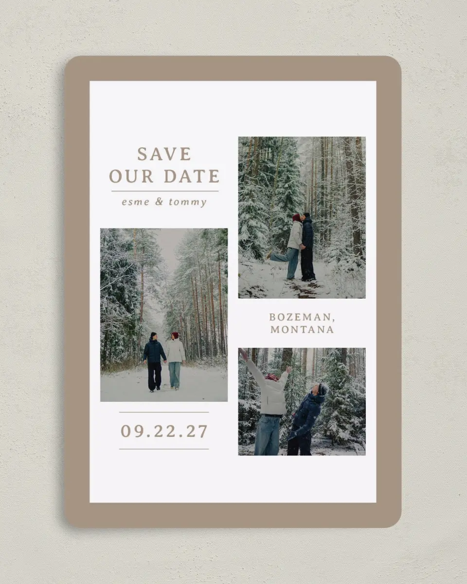 This is a 5" x 7" Save the Date Card called Love in the Snow printed in full color on Premium Smooth paper