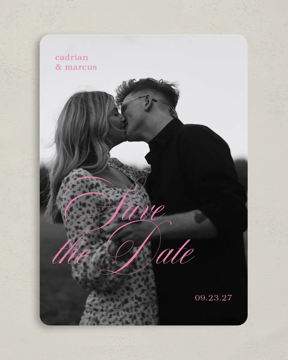 This is a 5" x 7" Save the Date Card called Sweet Embrace printed in full color on Premium Smooth paper