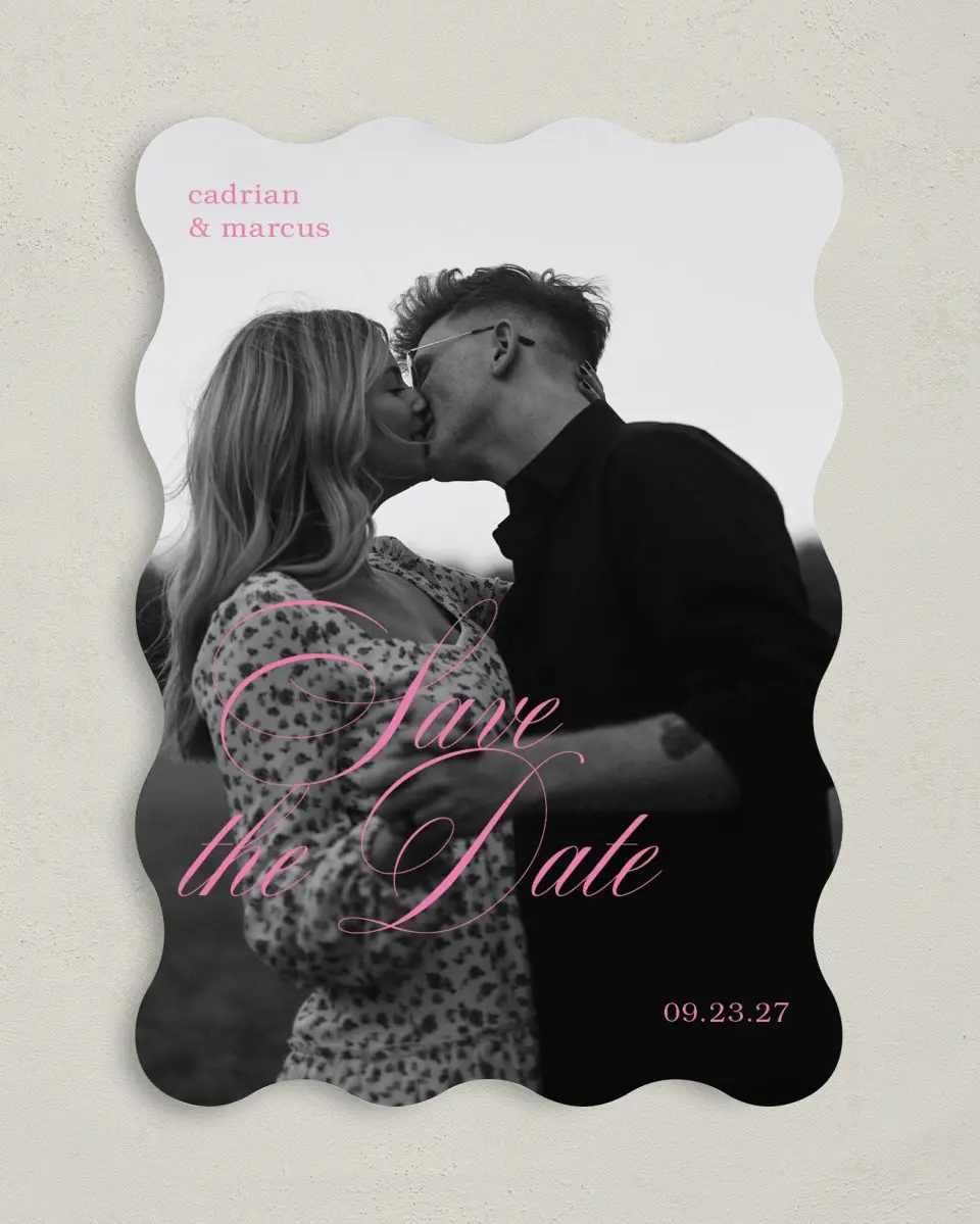 This is a 5" x 7" Save the Date Card called Sweet Embrace printed in full color on Premium Smooth paper