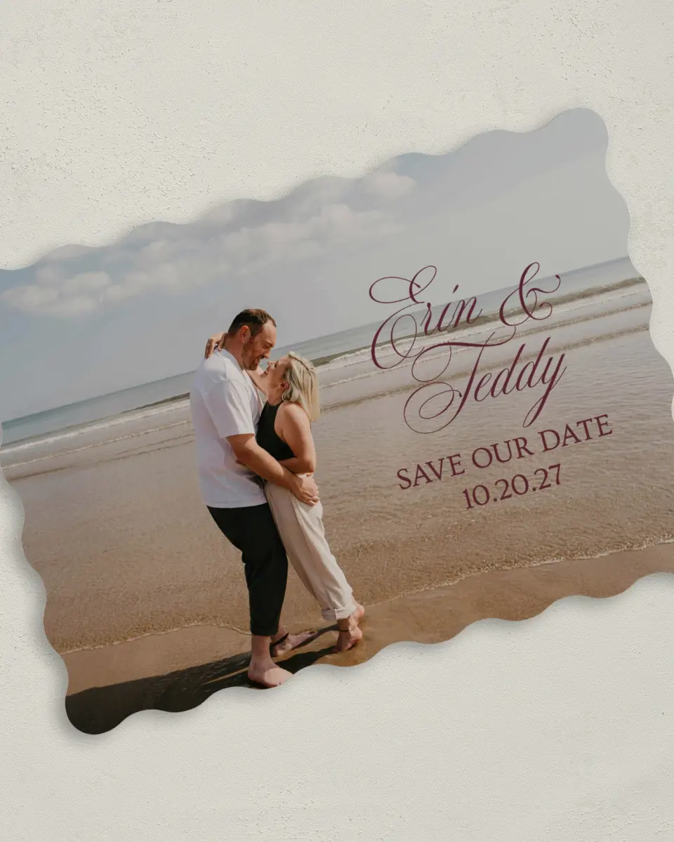 This is a 5" x 7" Save the Date Card called Written in Love printed in full color on Premium Smooth paper