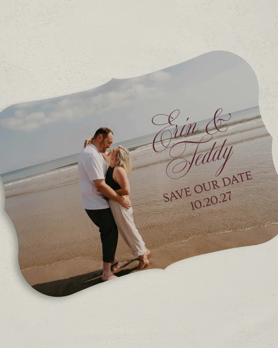 This is a 5" x 7" Save the Date Card called Written in Love printed in full color on Premium Smooth paper