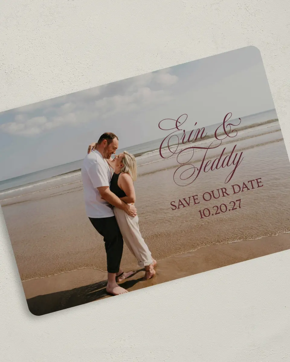 This is a 5" x 7" Save the Date Card called Written in Love printed in full color on Premium Smooth paper