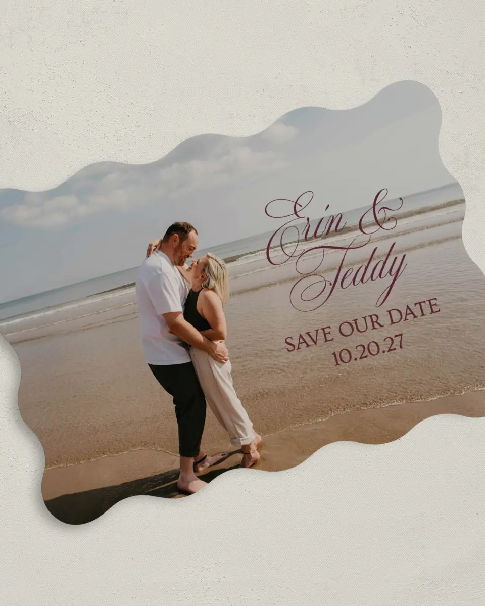 This is a 5" x 7" Save the Date Card called Written in Love printed in full color on Premium Smooth paper