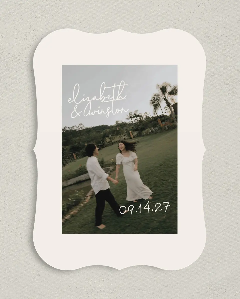 This is a 5" x 7" Save the Date Card called Chasing Love printed in full color on Premium Smooth paper