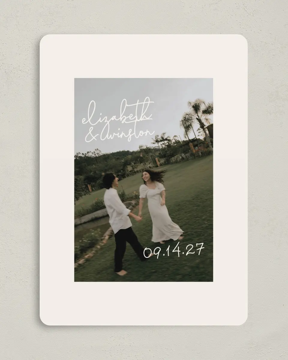 This is a 5" x 7" Save the Date Card called Chasing Love printed in full color on Premium Smooth paper