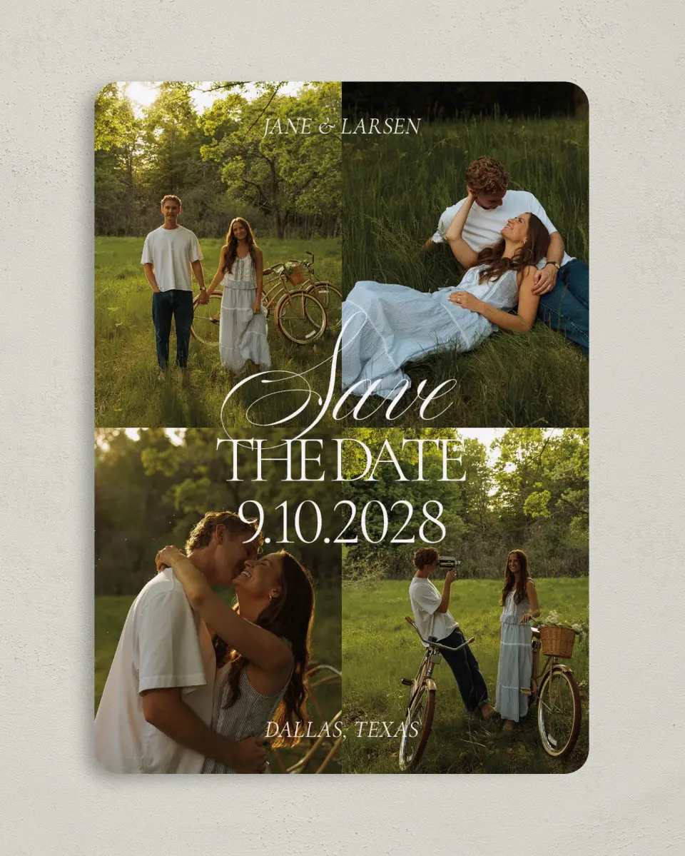 This is a 5" x 7" Save the Date Card called Golden Hour printed in full color on Premium Smooth paper