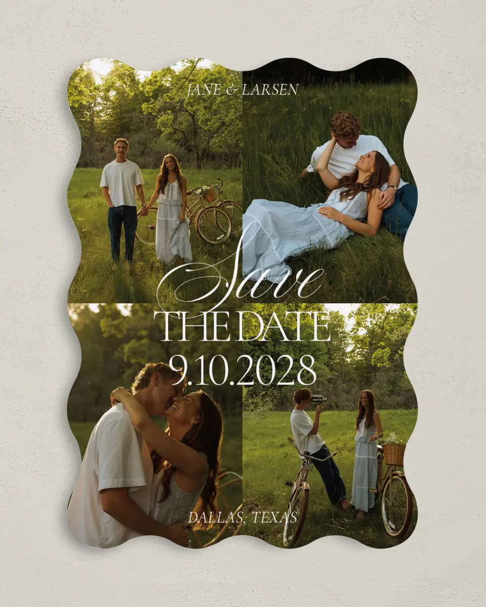 This is a 5" x 7" Save the Date Card called Golden Hour printed in full color on Premium Smooth paper