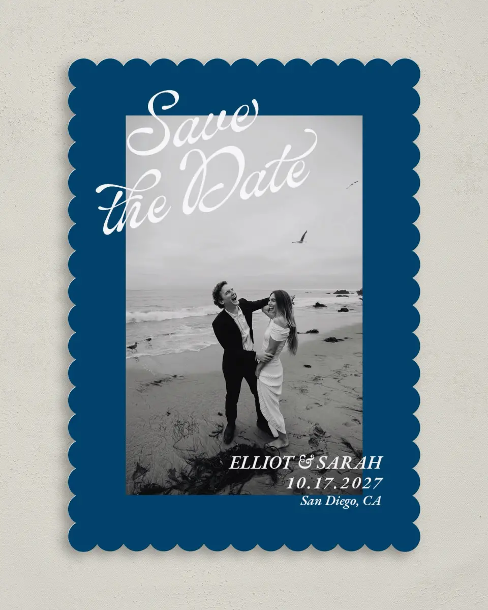 This is a 5" x 7" Save the Date Card called Blue Hour printed in full color with Silver foil on Luxe Satin (coated) paper