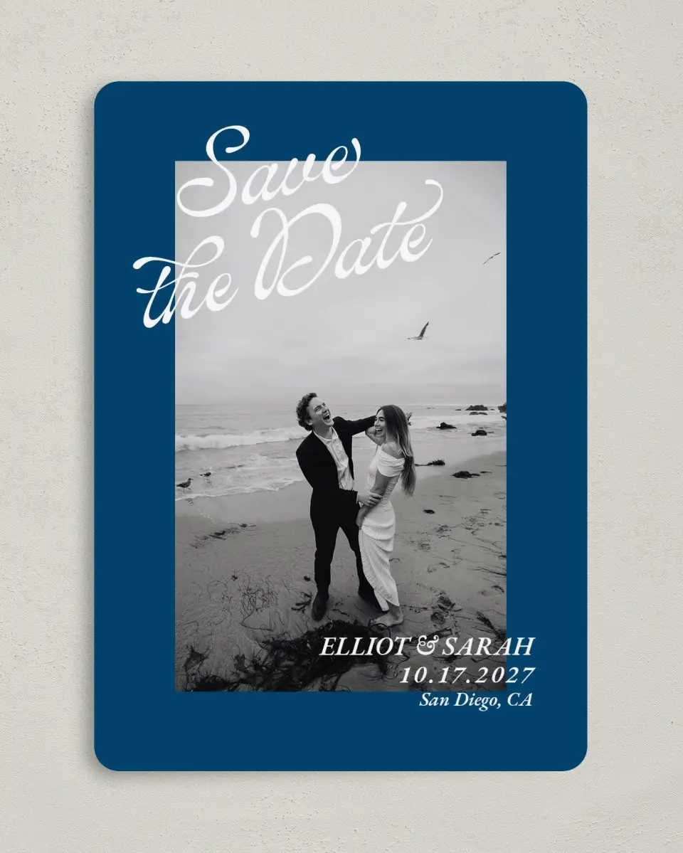 This is a 5" x 7" Save the Date Card called Blue Hour printed in full color on Premium Smooth paper