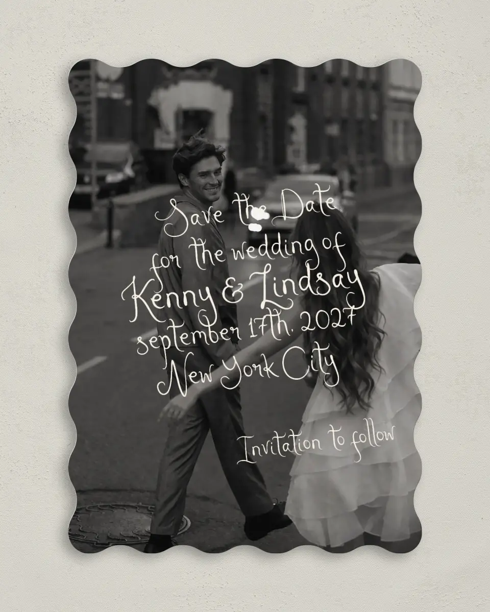 This is a 5" x 7" Save the Date Card called Handwritten Editorial printed in full color on Premium Smooth paper