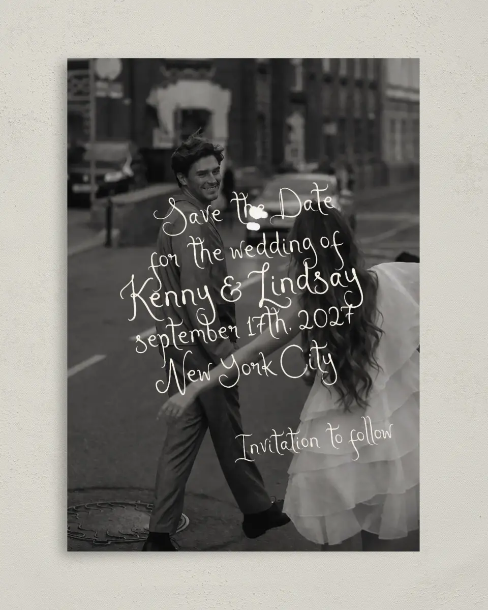 This is a 5" x 7" Save the Date Card called Handwritten Editorial printed in full color with Rose Gold foil on Luxe Satin (coated) paper