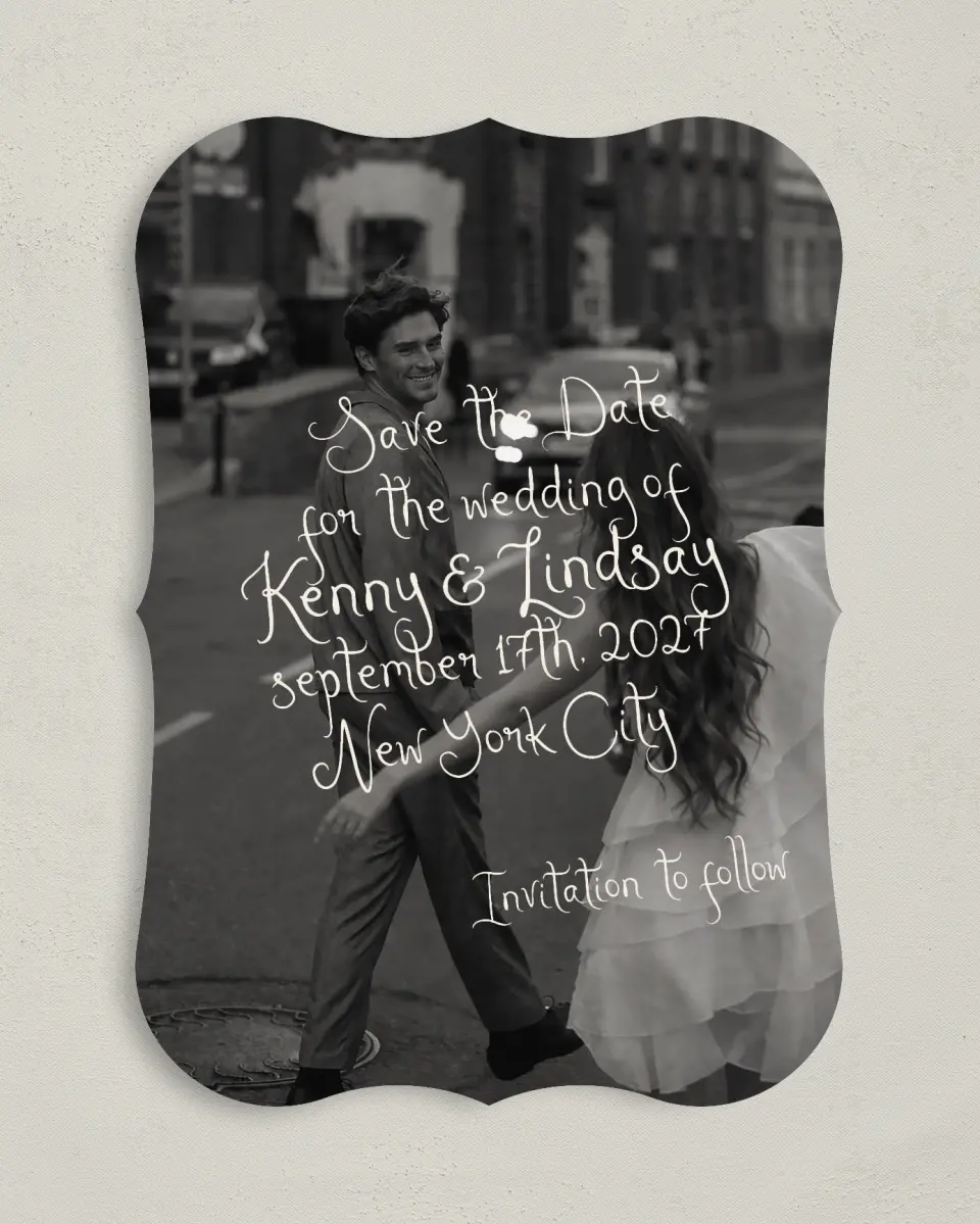 This is a 5" x 7" Save the Date Card called Handwritten Editorial printed in full color on Premium Smooth paper