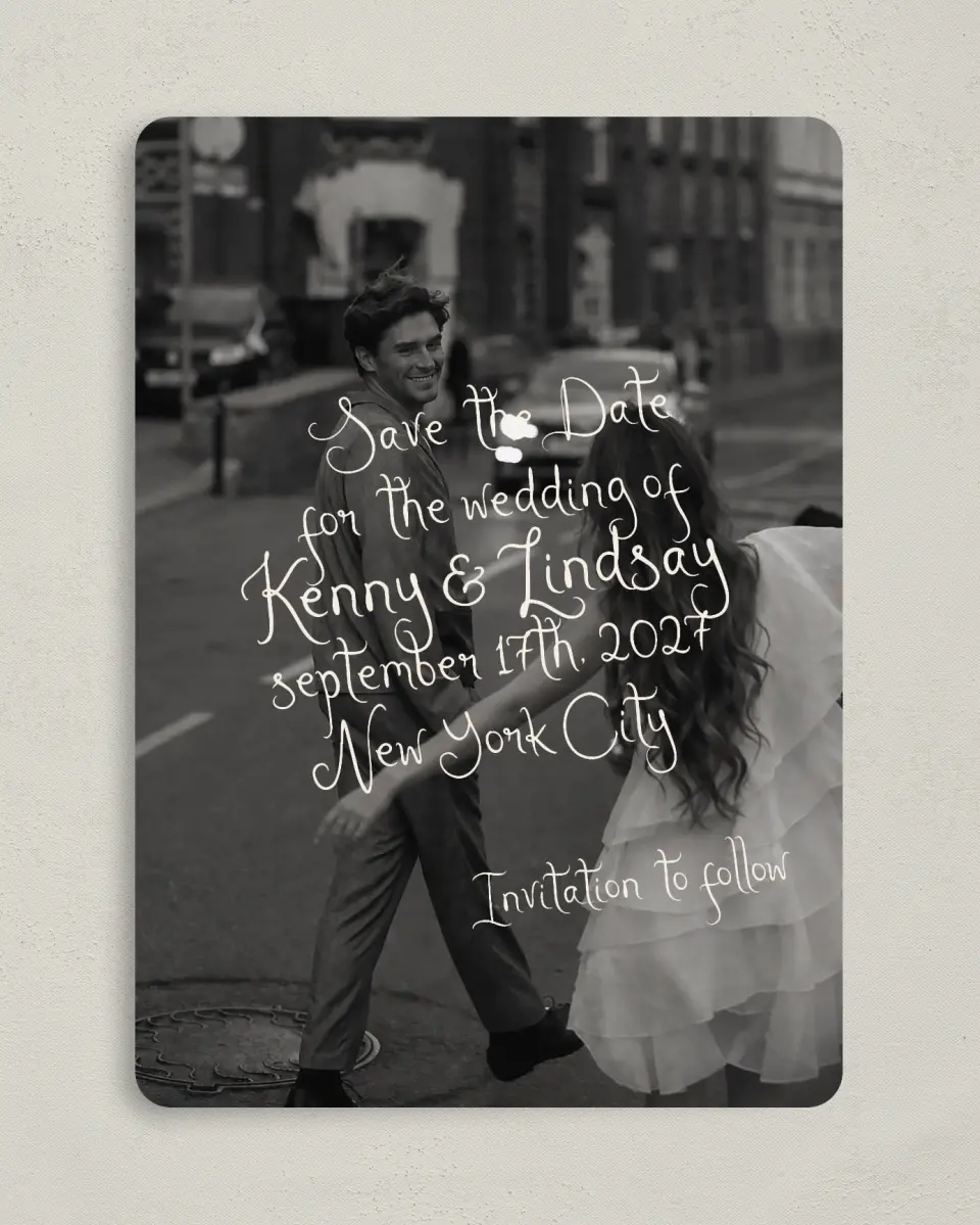 This is a 5" x 7" Save the Date Card called Handwritten Editorial printed in full color on Premium Smooth paper