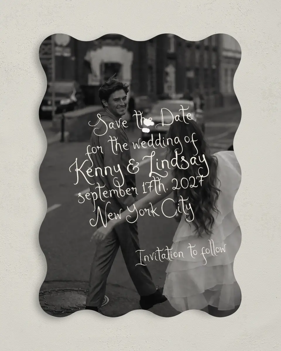 This is a 5" x 7" Save the Date Card called Handwritten Editorial printed in full color on Premium Smooth paper
