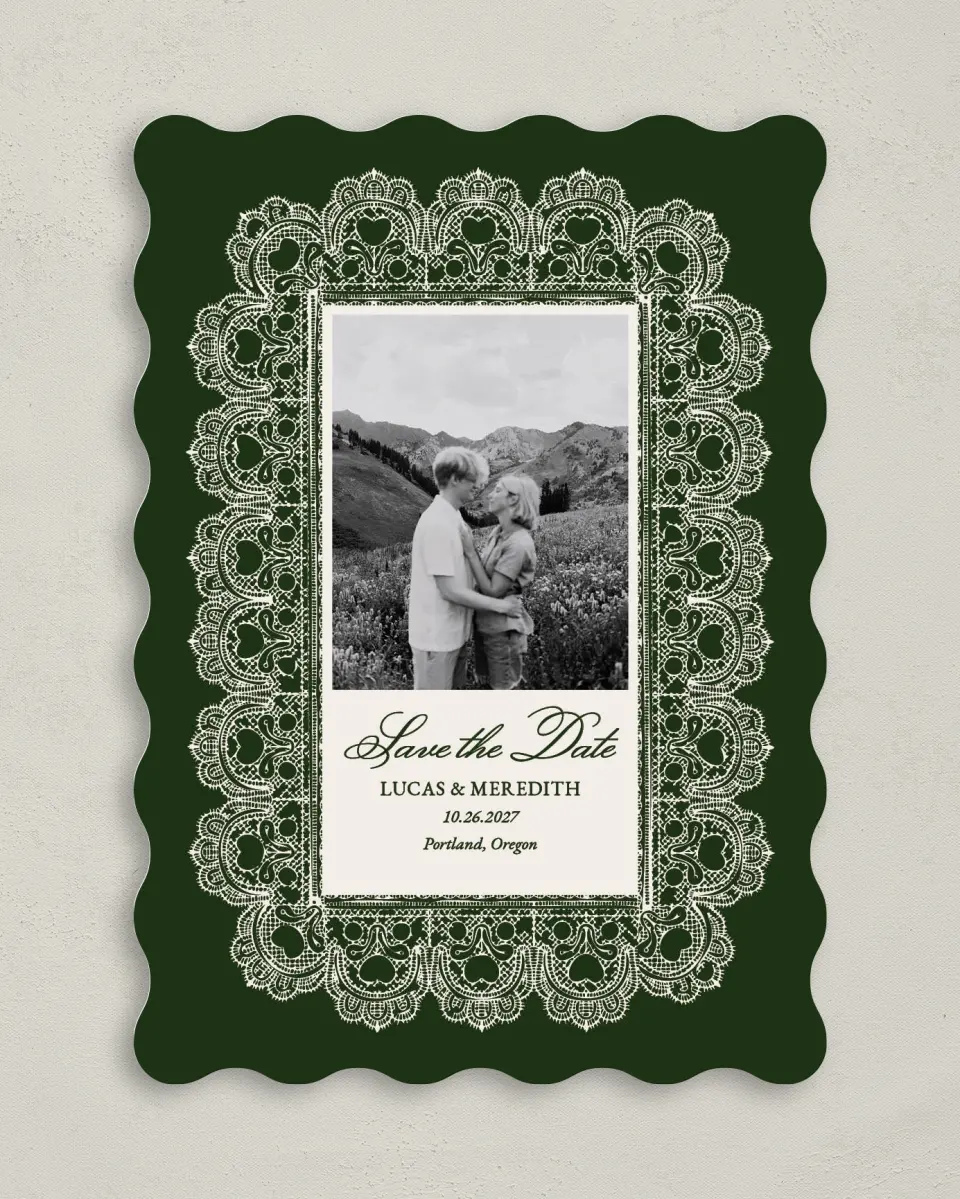 This is a 5" x 7" Save the Date Card called Lace Border printed in full color on Premium Smooth paper