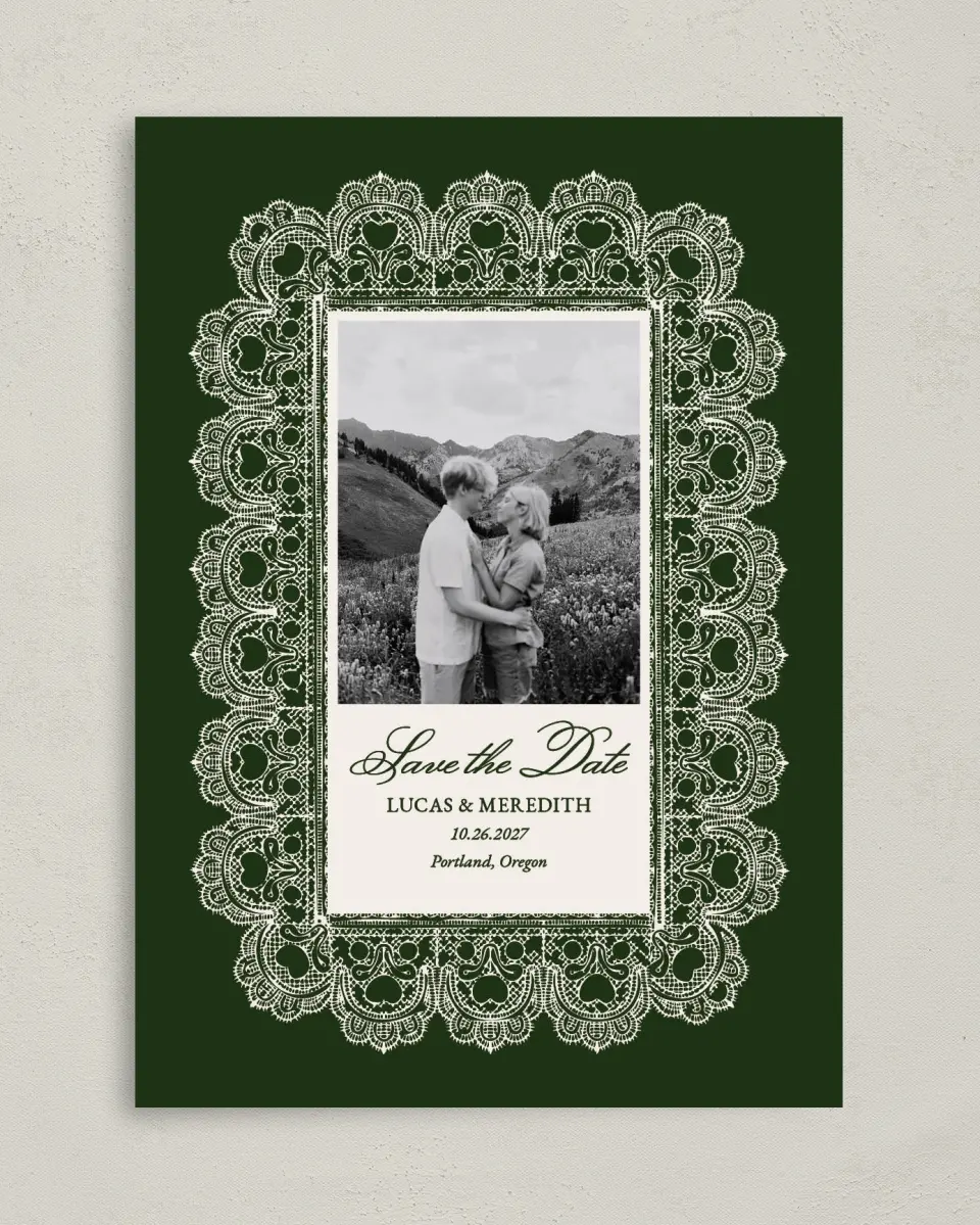 This is a 5" x 7" Save the Date Card called Lace Border printed in full color on Premium Smooth paper