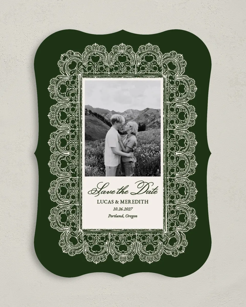 This is a 5" x 7" Save the Date Card called Lace Border printed in full color on Premium Smooth paper