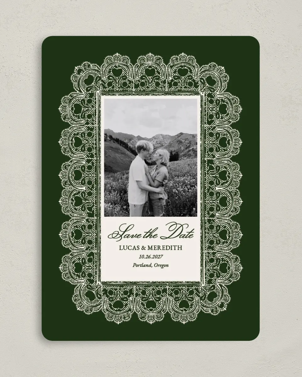 This is a 5" x 7" Save the Date Card called Lace Border printed in full color on Premium Smooth paper