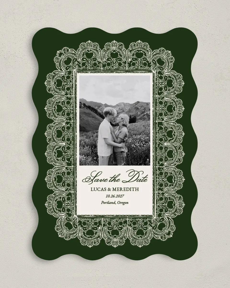 This is a 5" x 7" Save the Date Card called Lace Border printed in full color on Premium Smooth paper