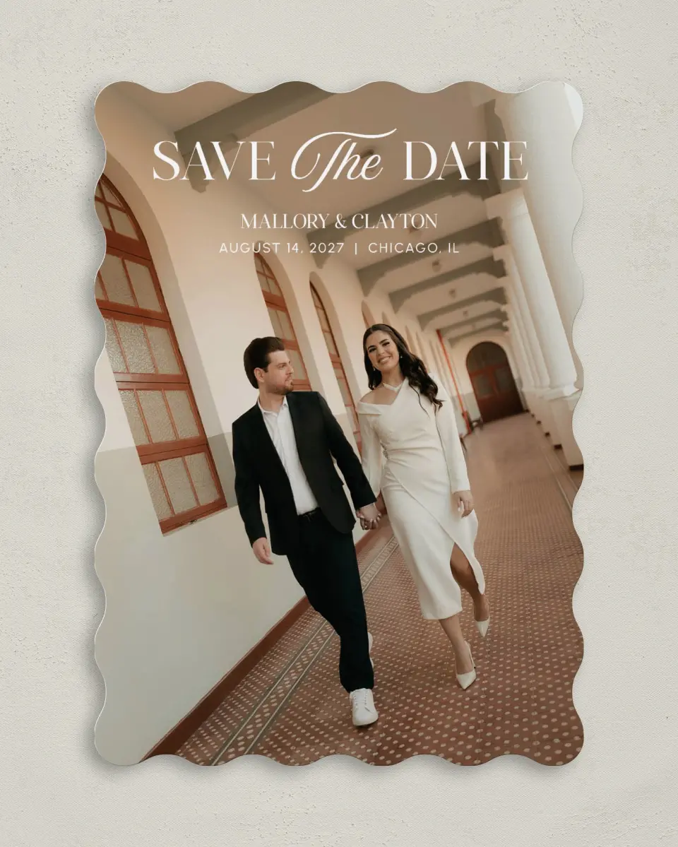 This is a 5" x 7" Save the Date Card called The Mallory printed in full color on Premium Smooth paper