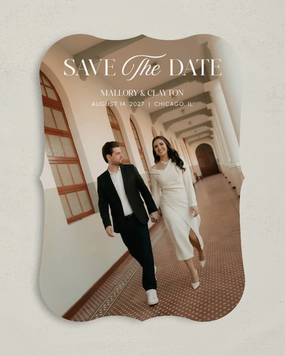 This is a 5" x 7" Save the Date Card called The Mallory printed in full color on Premium Smooth paper