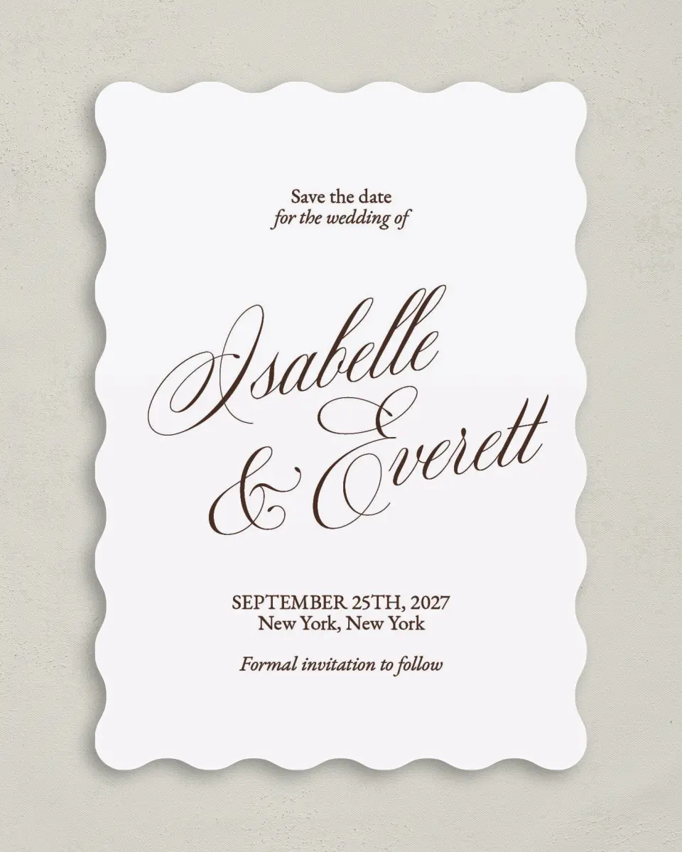This is a 5" x 7" Save the Date Card called The Isabelle printed in full color on Premium Smooth paper