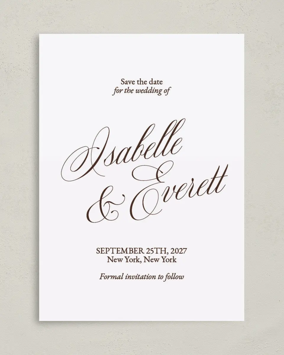This is a 5" x 7" Save the Date Card called The Isabelle printed in full color on Premium Smooth paper