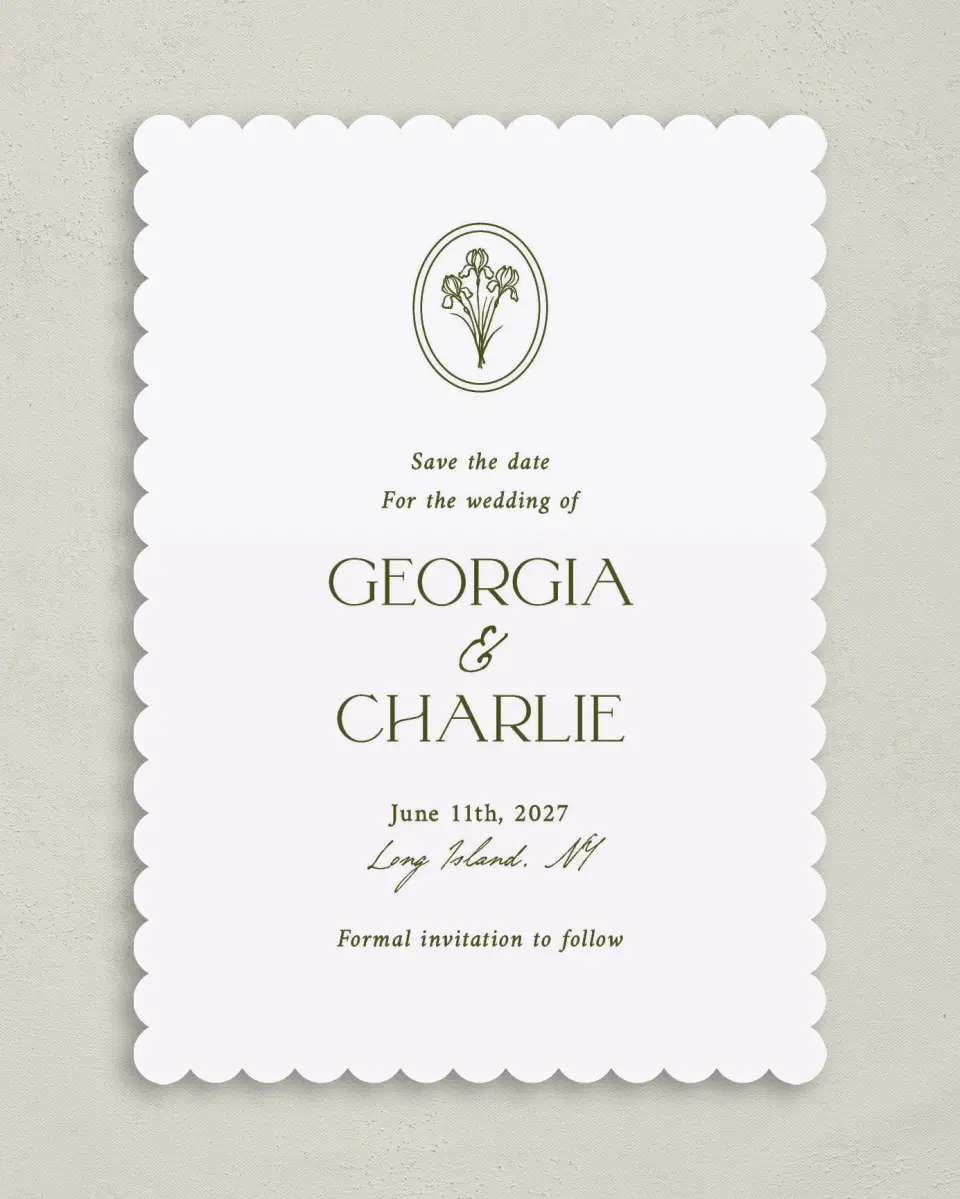 This is a 5" x 7" Save the Date Card called The Georgia printed in full color on Premium Smooth paper
