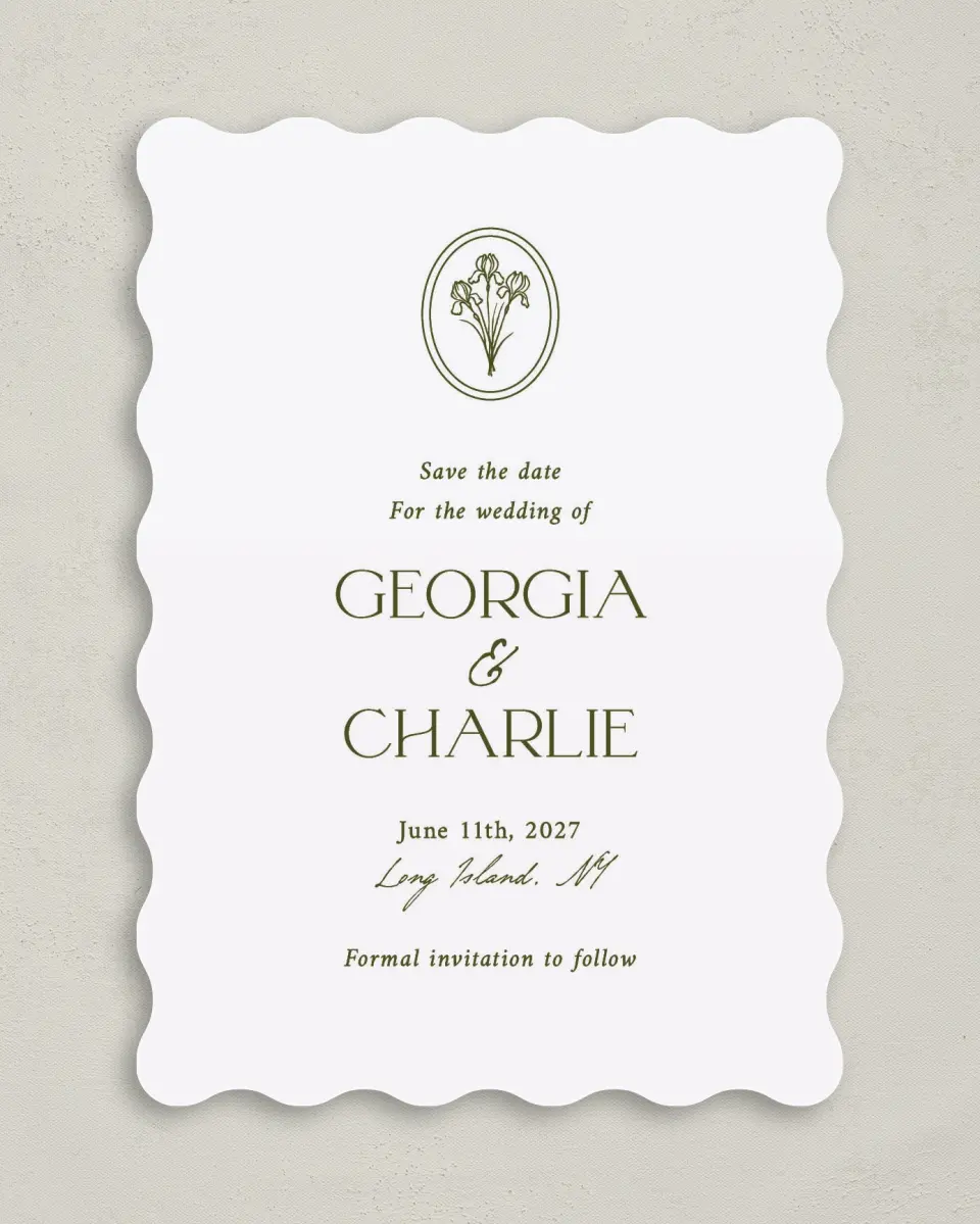 This is a 5" x 7" Save the Date Card called The Georgia printed in full color on Premium Smooth paper