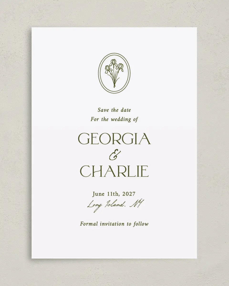 This is a 5" x 7" Save the Date Card called The Georgia printed in full color on Premium Smooth paper