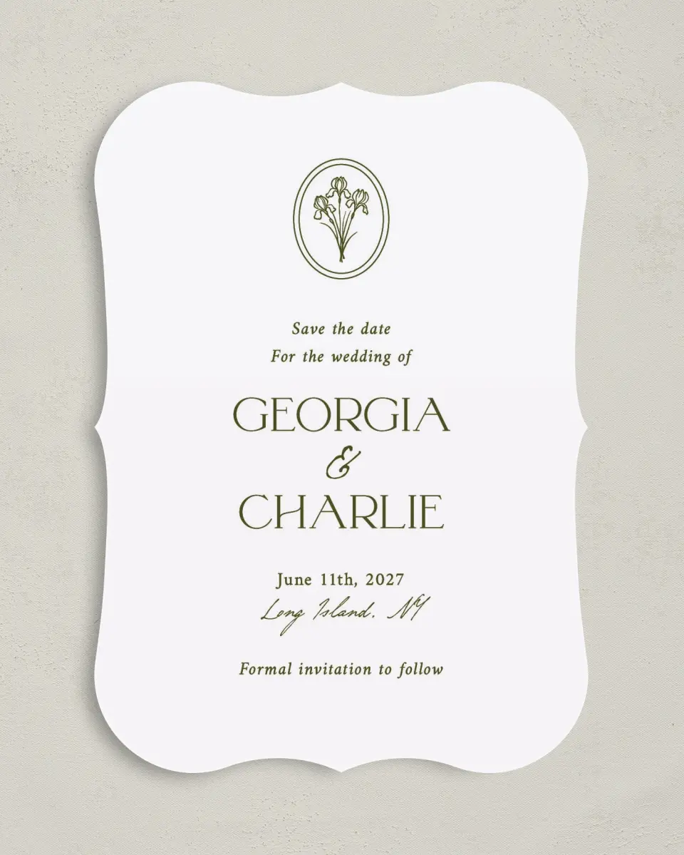 This is a 5" x 7" Save the Date Card called The Georgia printed in full color on Premium Smooth paper