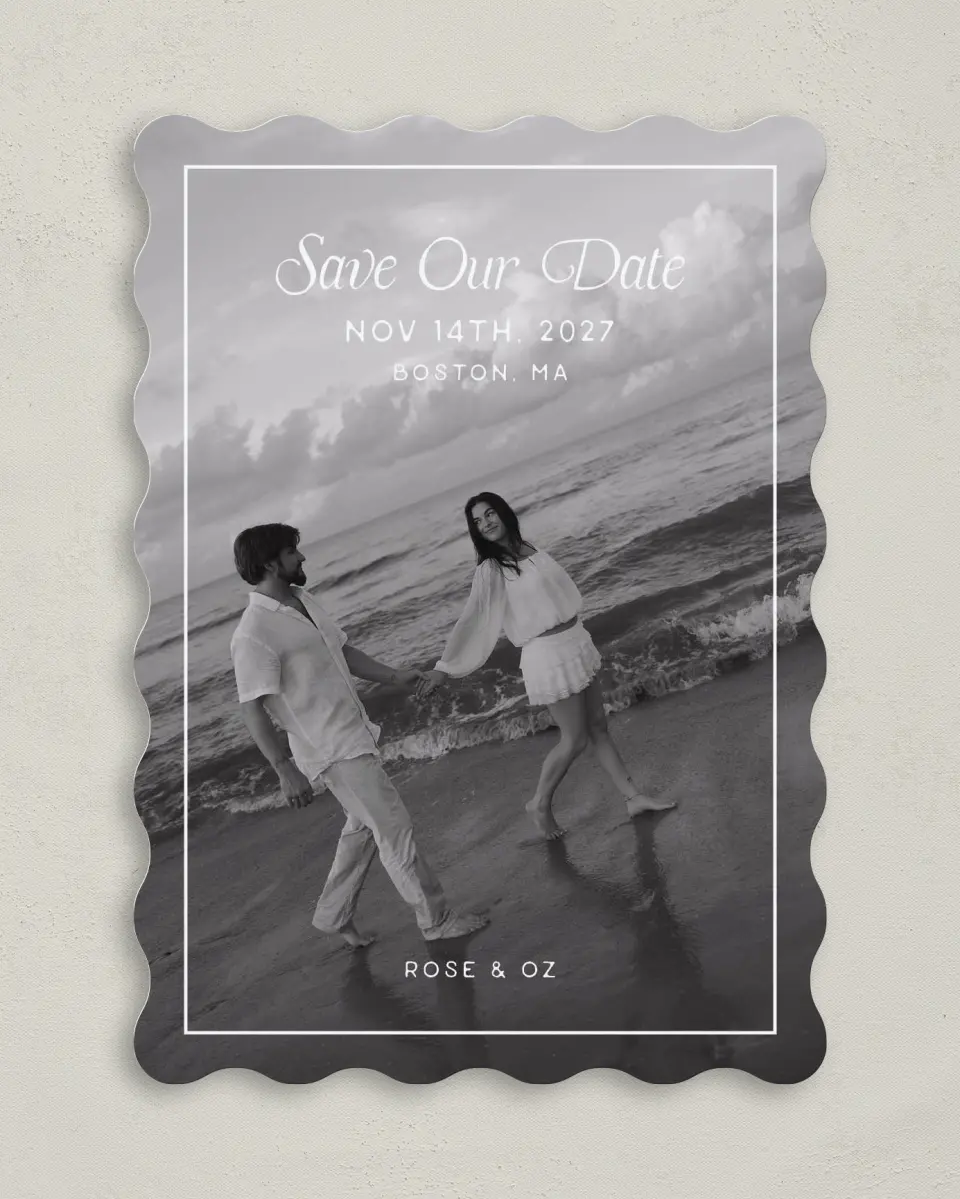 This is a 5" x 7" Save the Date Card called The Rosemary printed in full color on Premium Smooth paper