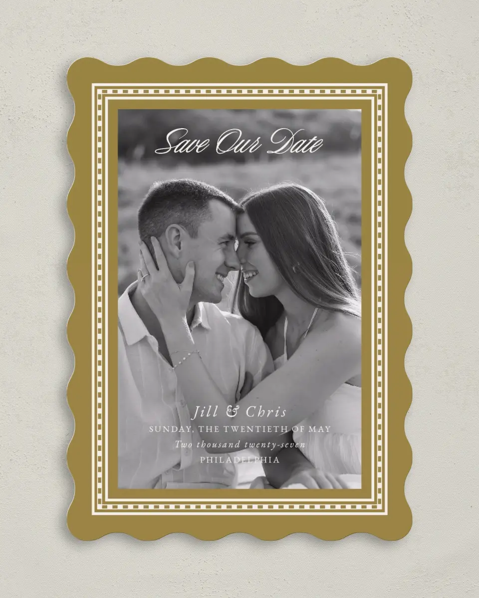 This is a 5" x 7" Save the Date Card called The Jillian printed in full color on Premium Smooth paper