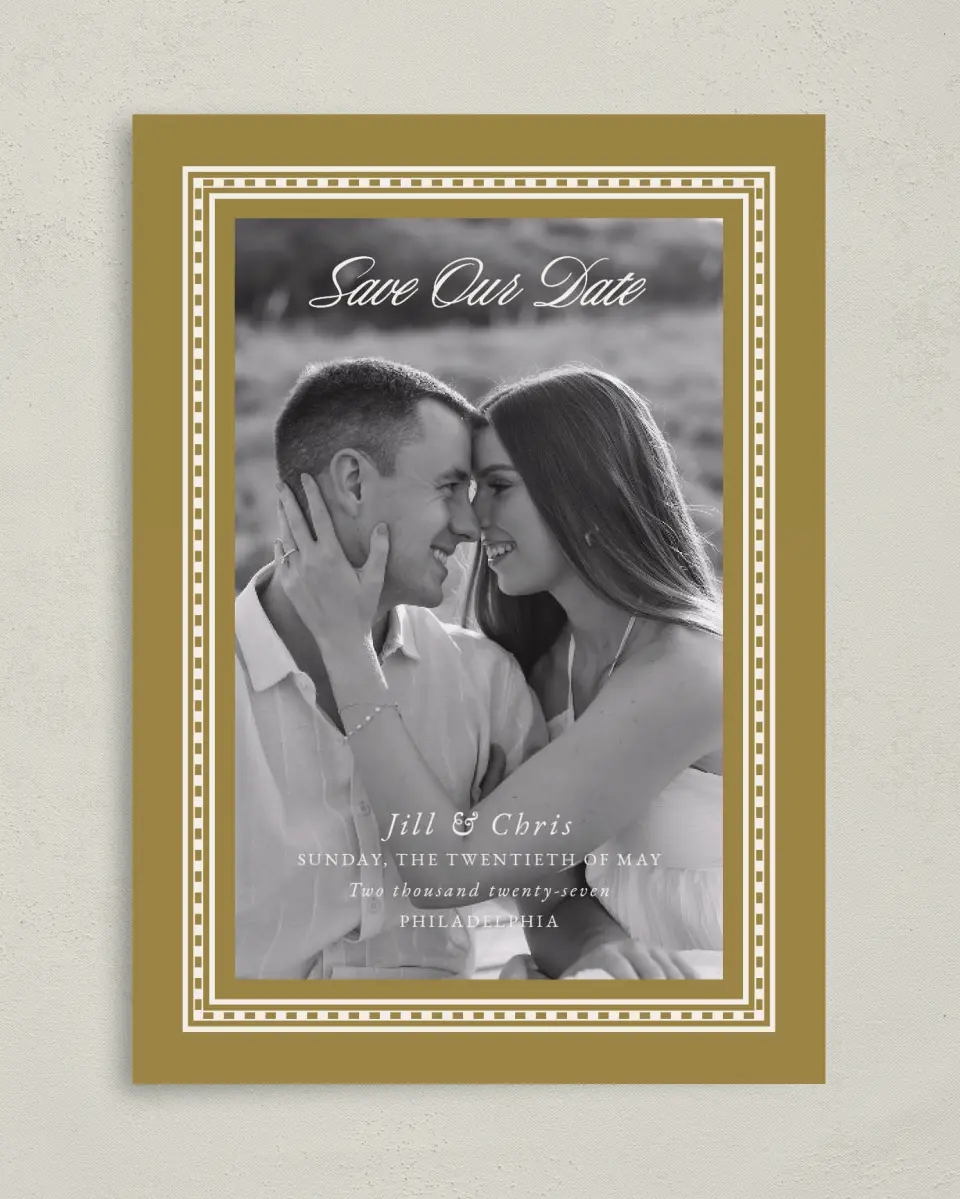 This is a 5" x 7" Save the Date Card called The Jillian printed in full color with Gold foil on Luxe Satin (coated) paper