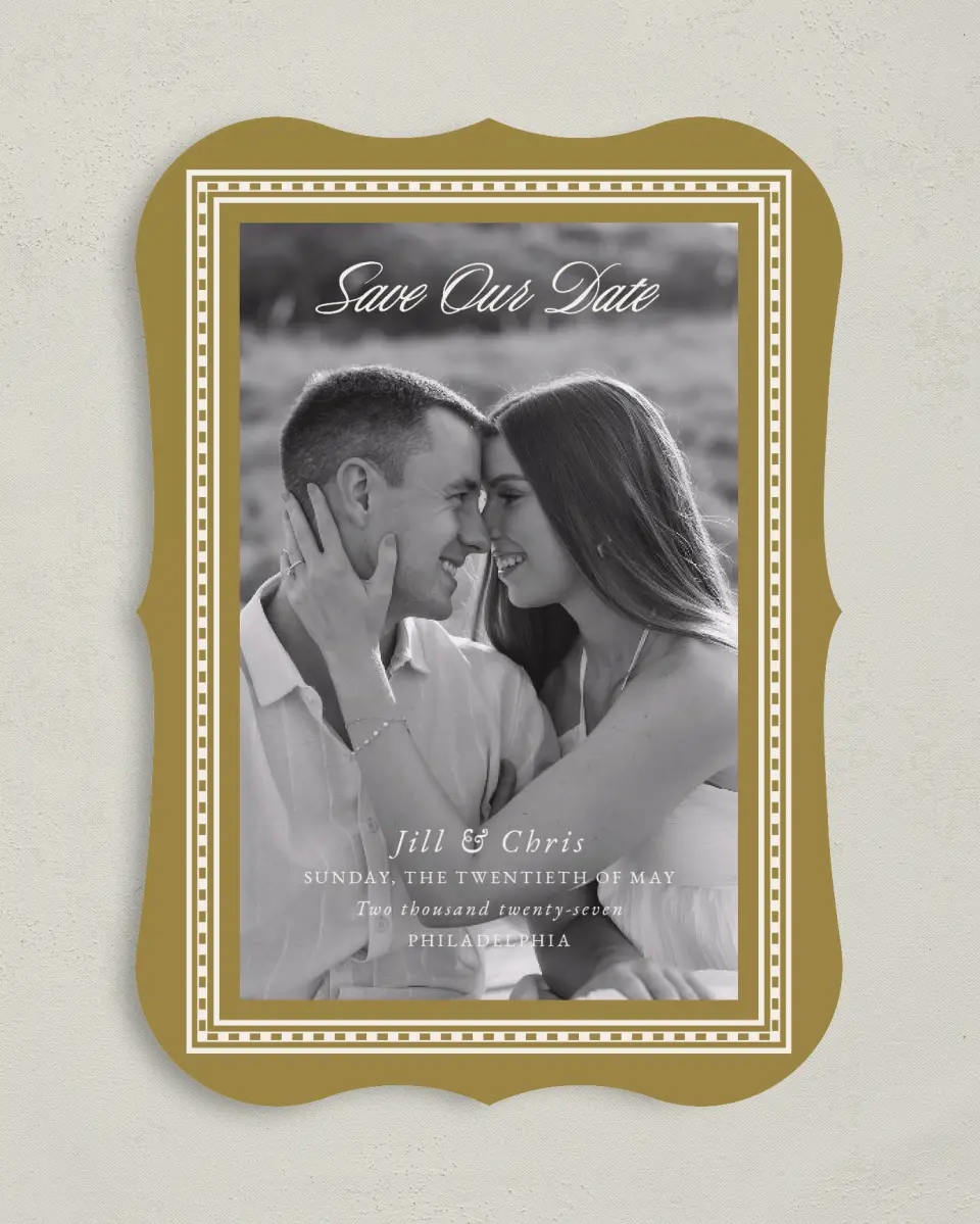 This is a 5" x 7" Save the Date Card called The Jillian printed in full color on Premium Smooth paper