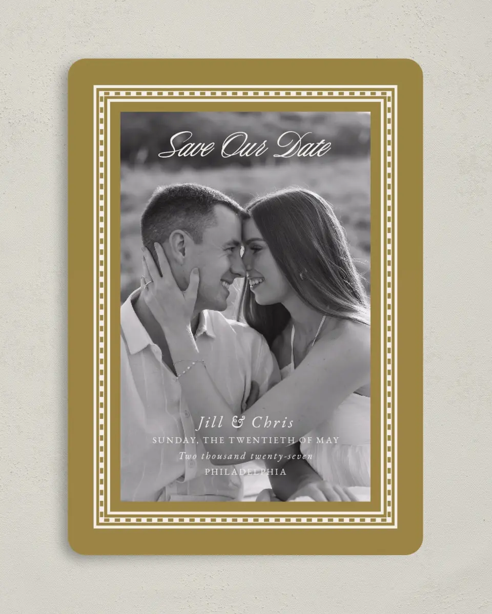 This is a 5" x 7" Save the Date Card called The Jillian printed in full color on Premium Smooth paper